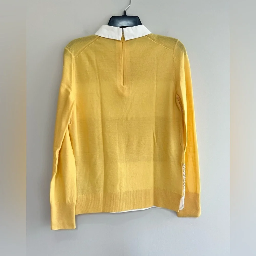 Tory Burch Edwina Embroidered Panel Merino Collared Sweater, Sun Yellow, S/P